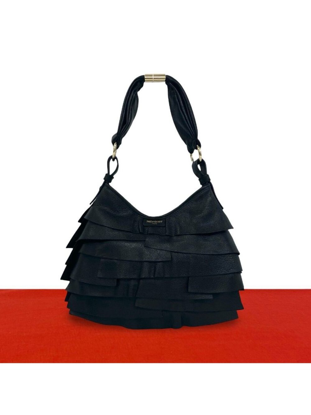 Saint Laurent Yves Tropez Hobo Logo Leather Shoulder Bag Black